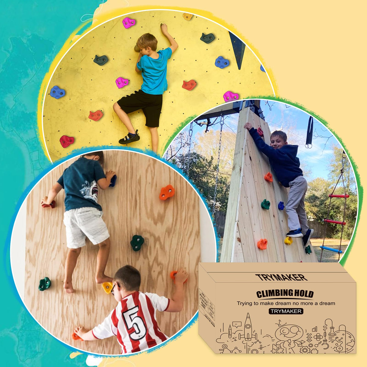 Trymaker rock holds in varied colors for engaging climbing sessions