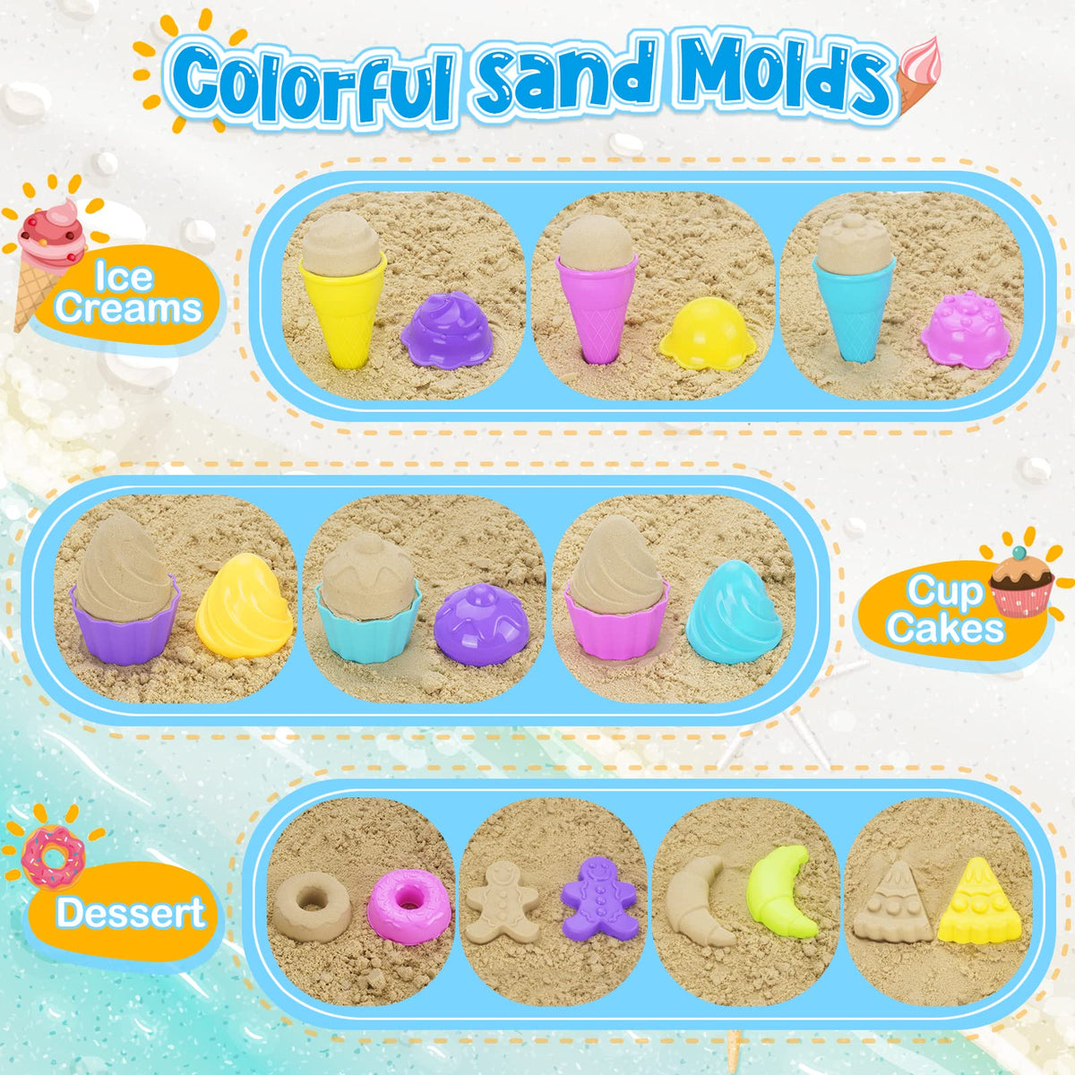 TSDATOWR dessert mold pack adds colorful sand creations for seaside fun.