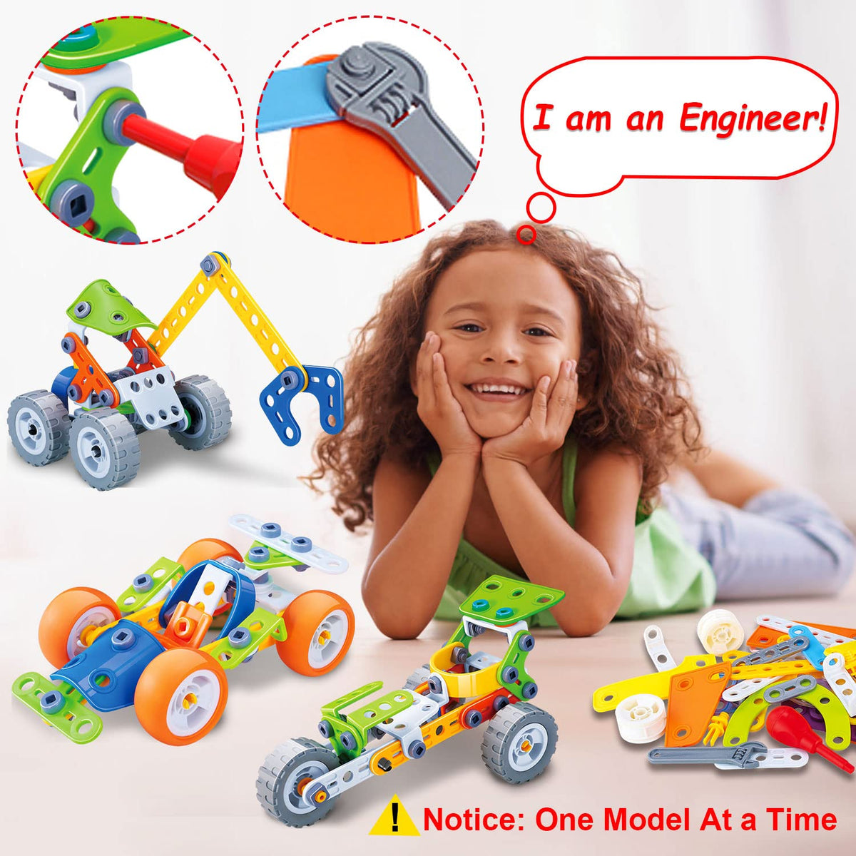 Tsomtto 10-in-1 stem toy forklift model boosts fine motor skills.