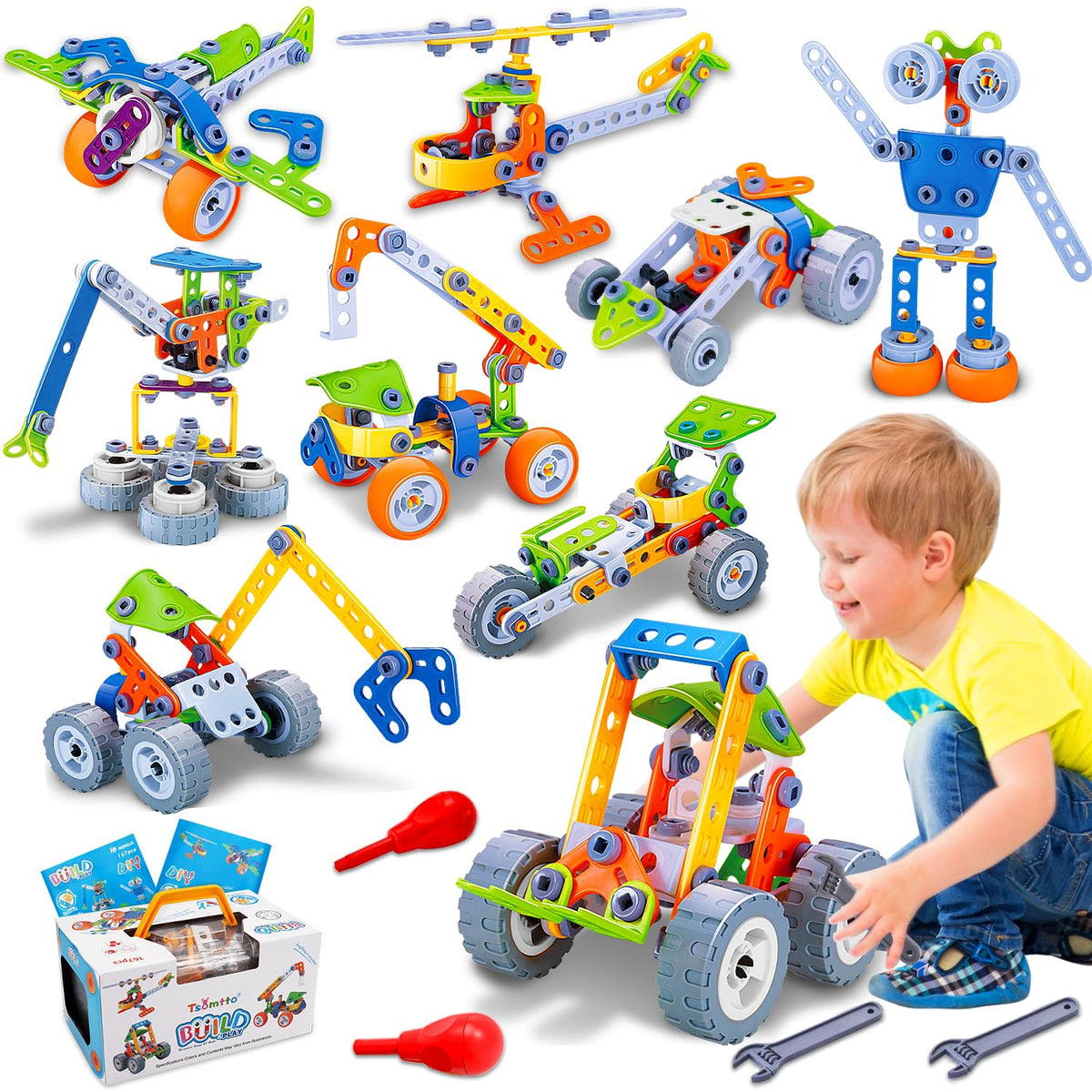 Tsomtto 10-in-1 stem toy tower crane model for creative construction play.