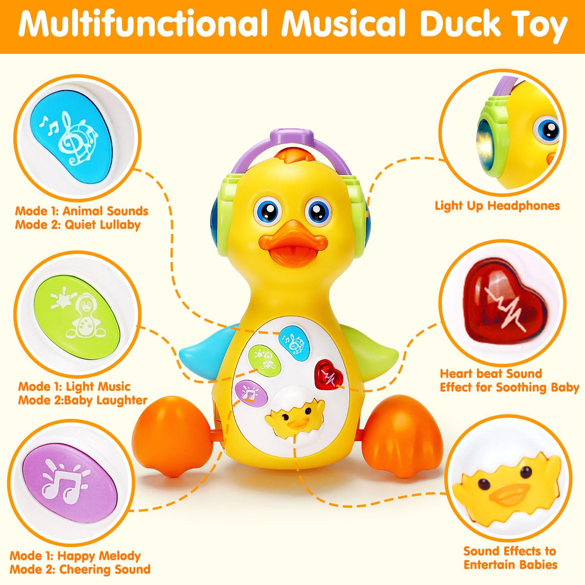 Tsomtto duck toy with five buttons and melodies supports auditory curiosity