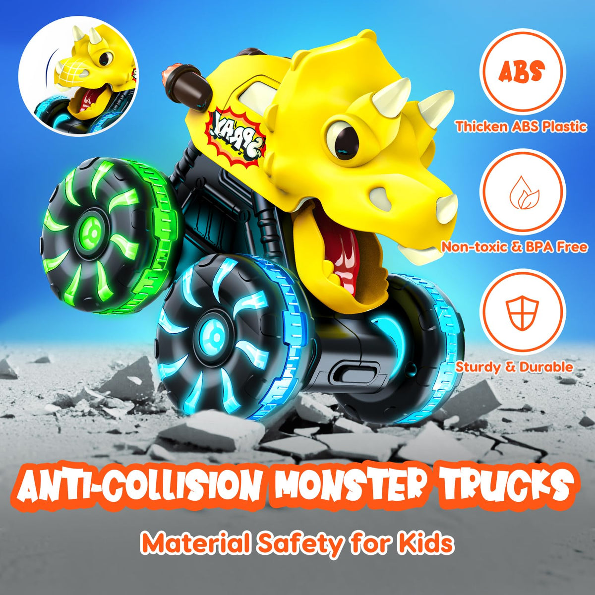 Tsomtto dino mouth chomps while wheels roll for realism.