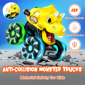 Tsomtto dino mouth chomps while wheels roll for realism.
