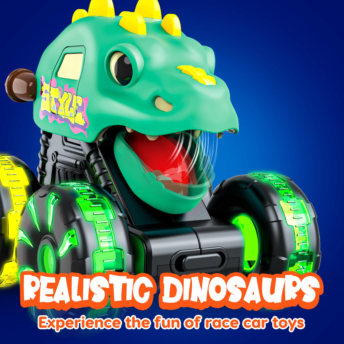 Tsomtto LED wheel lights enhance nighttime dinosaur play.