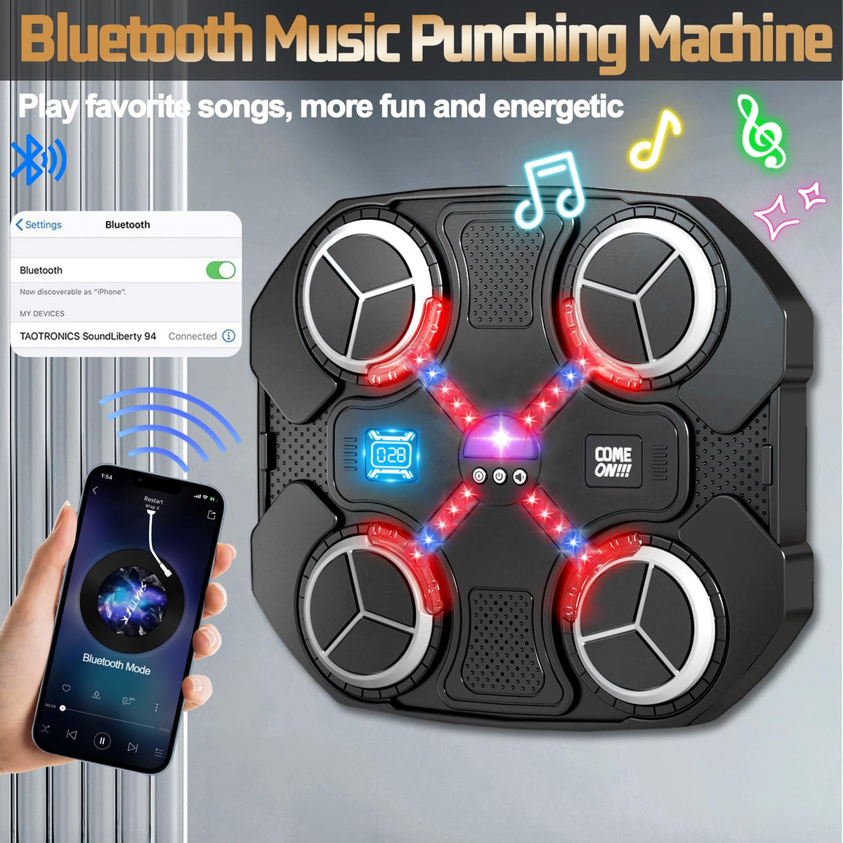 Tsomtto boxing machine shows LED rhythm lights for engaging workouts