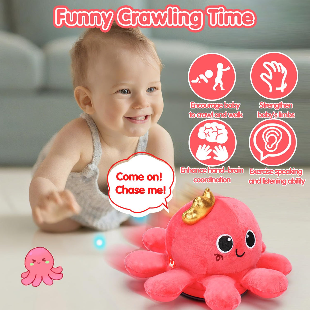 Tsomtto musical octopus crawls and walks to encourage crawling and gross motor exploration.
