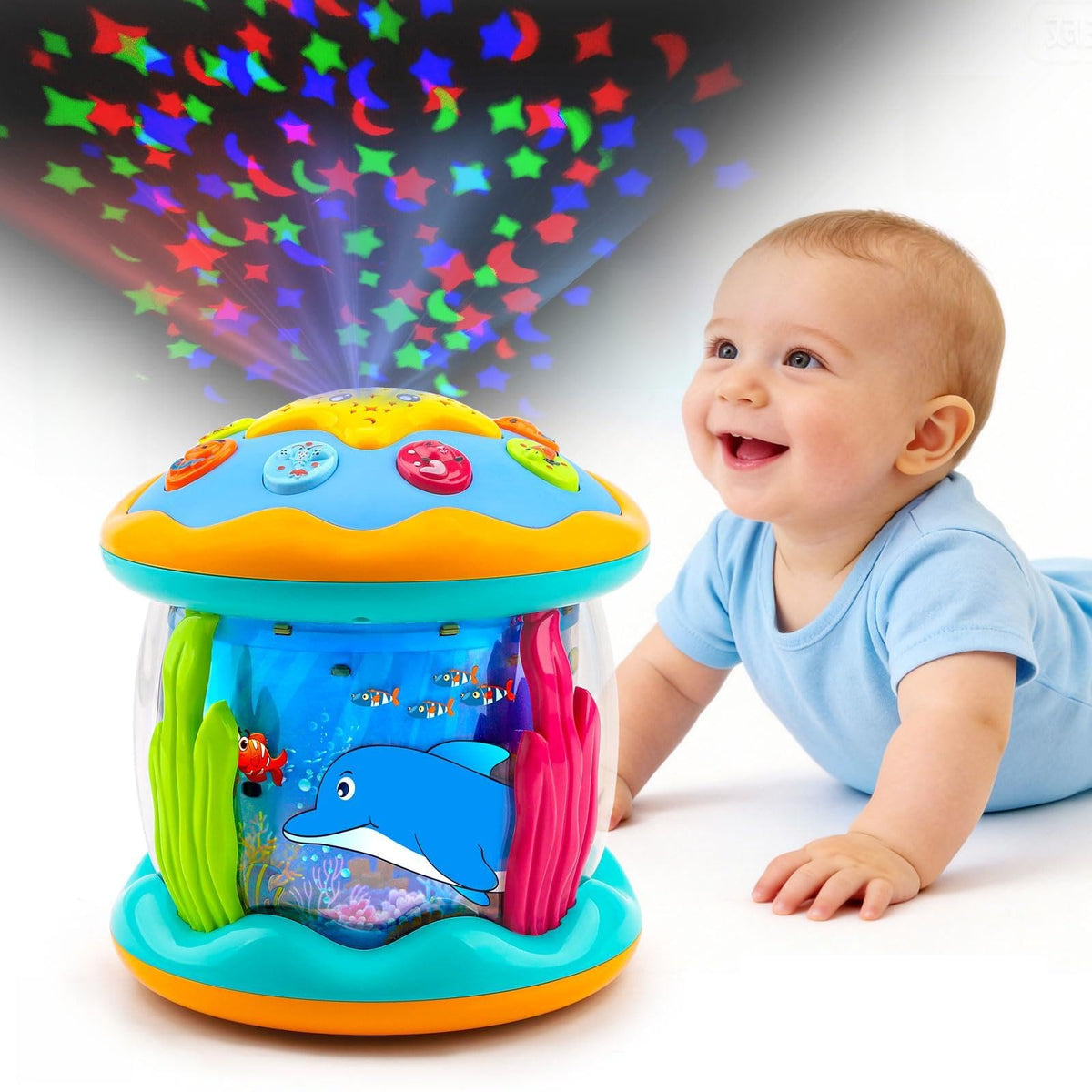 Tsomtto Ocean Projector star button lights up to entertain baby during playtime.