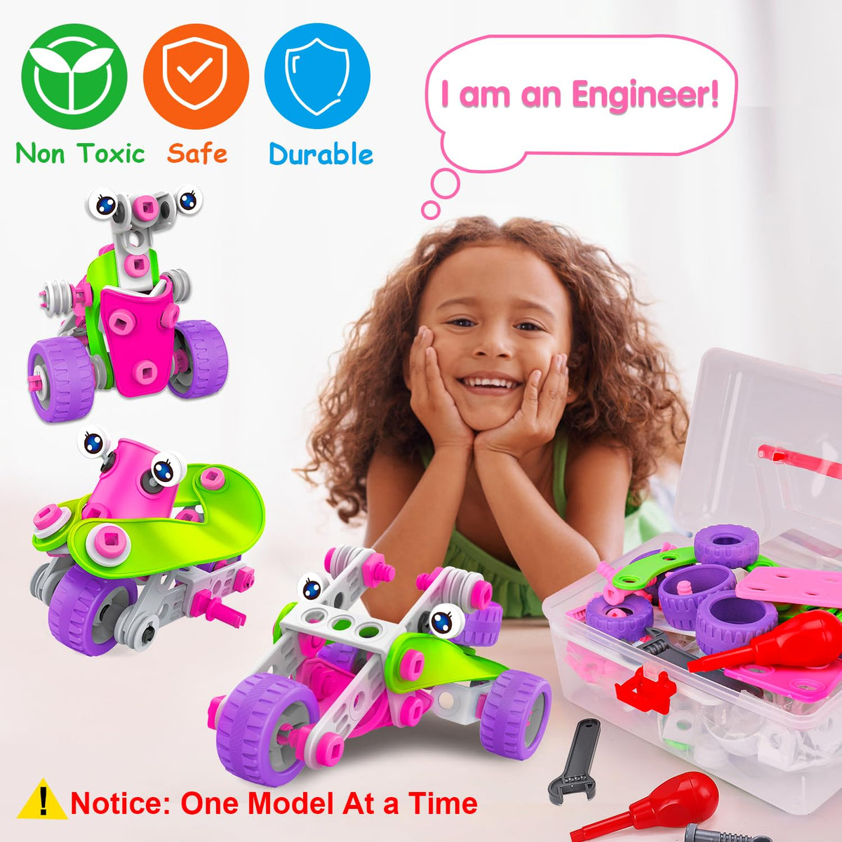 Tsomtto pink storage-box: quick cleanup after focused STEM sessions.