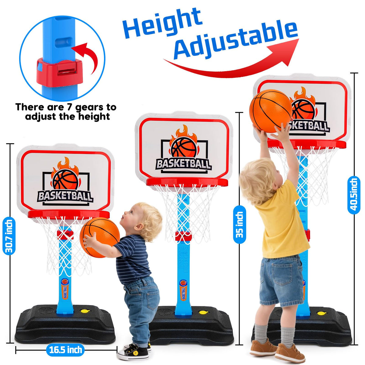 Tsomtto height-adjustable hoop demonstrates seven settings for growing toddlers