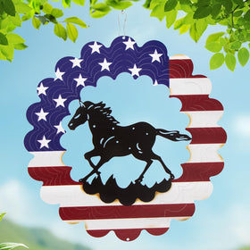 TT & MM horse wind spinner with American flag in garden adds patriotic charm