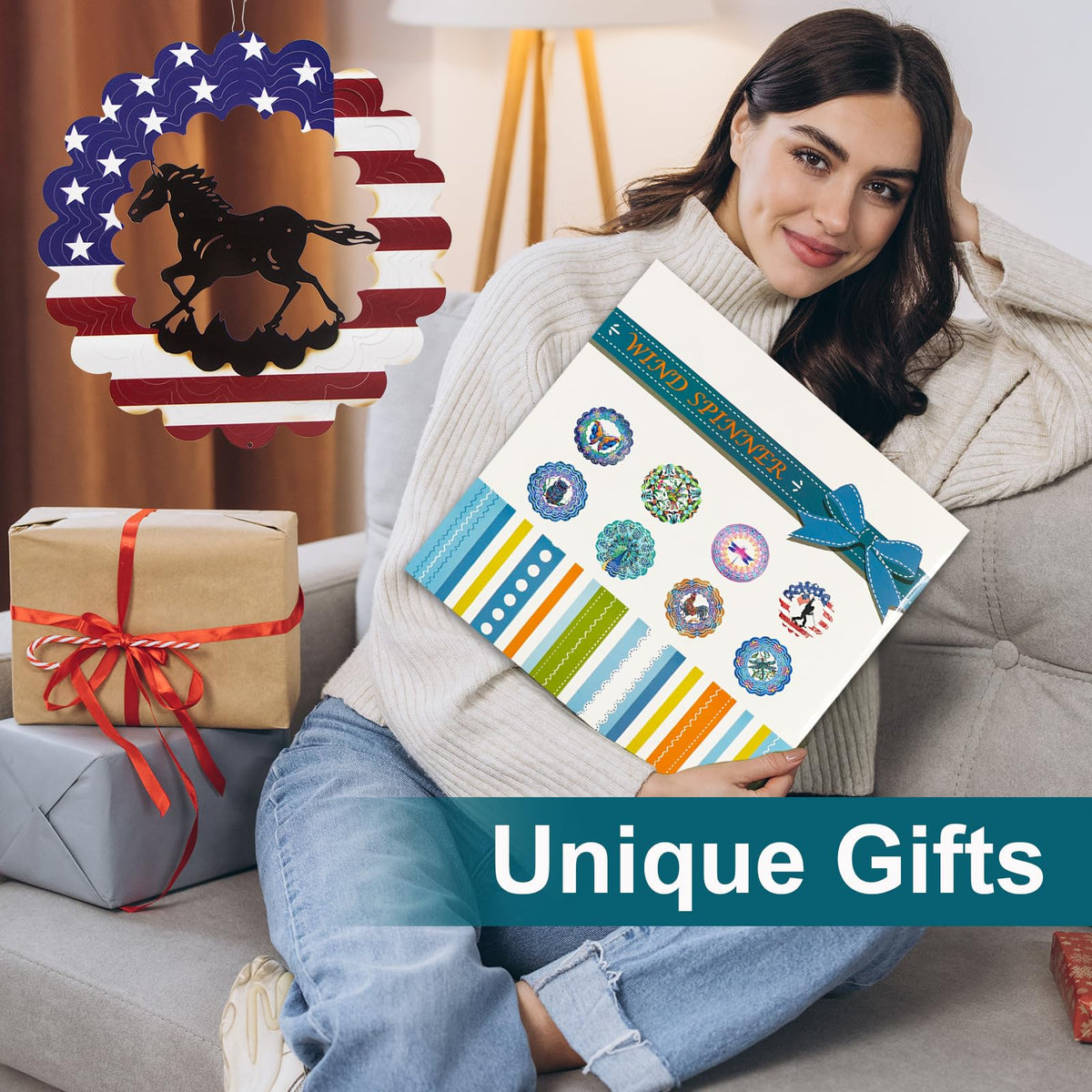 TT & MM patriotic horse spinner on porch decorates outdoor space