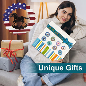 TT & MM patriotic horse spinner on porch decorates outdoor space
