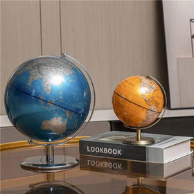 Clear globe print complements a contemporary desk setup and workspace
