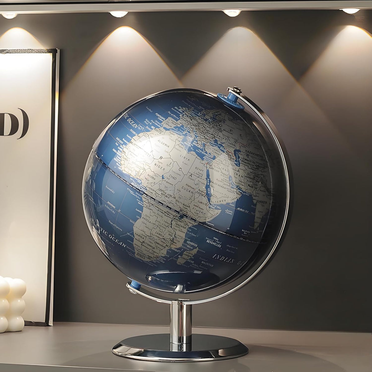 TTKTK World Globe with stainless steel stand on a desk for study and décor