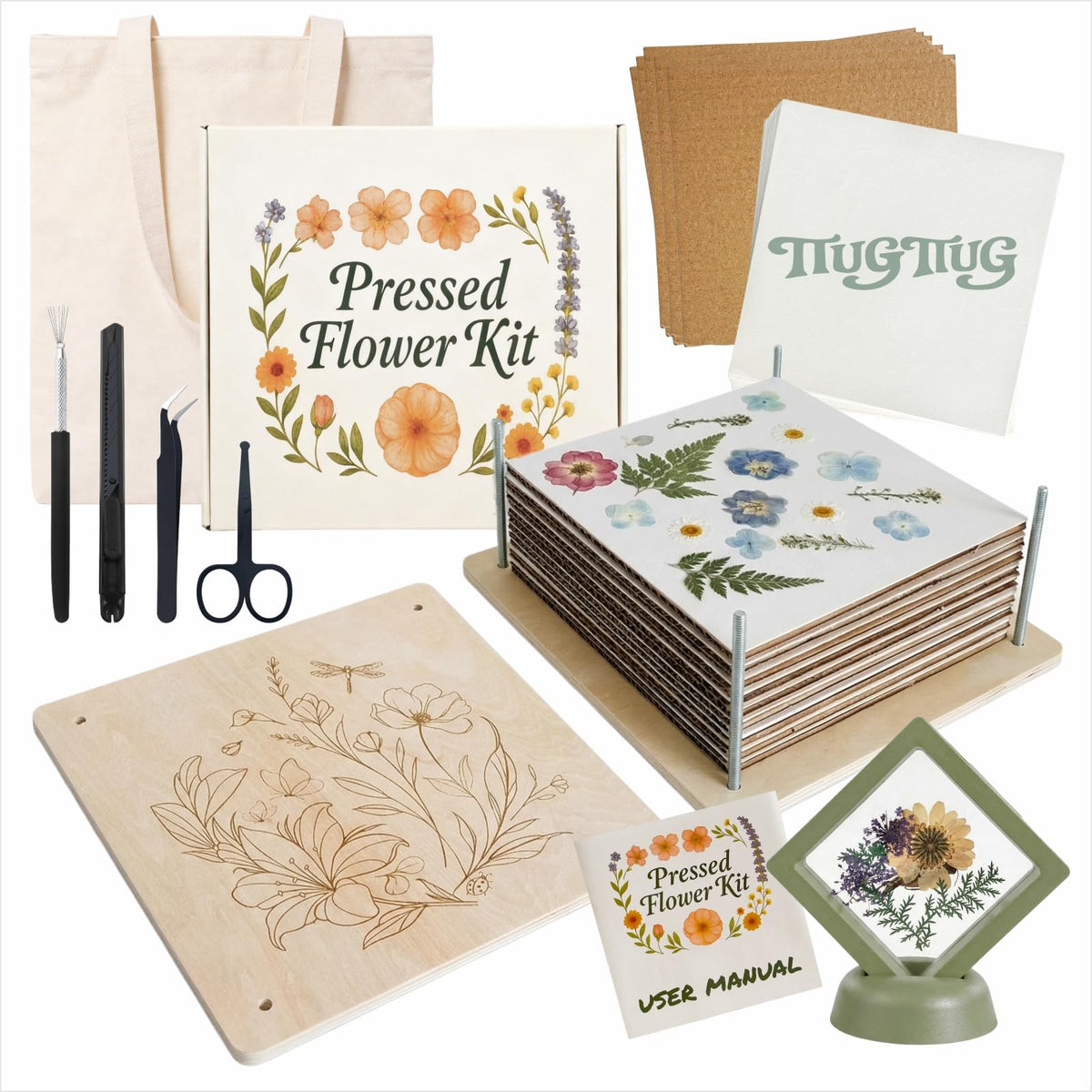 TTUGTTUG flower press kit with 11x11 large design enables easy DIY floral art.