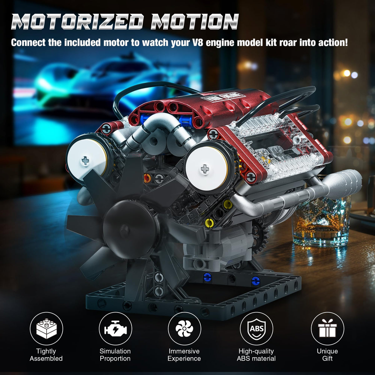 Tuajixz V8 engine model showing crankshaft spin for observation.