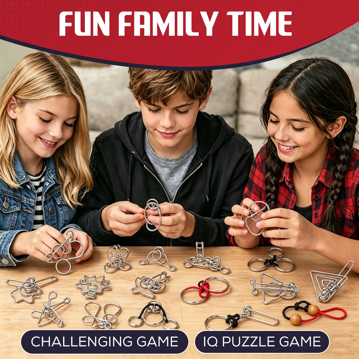 Tuauoe metal puzzles in hand show tactile problem solving.