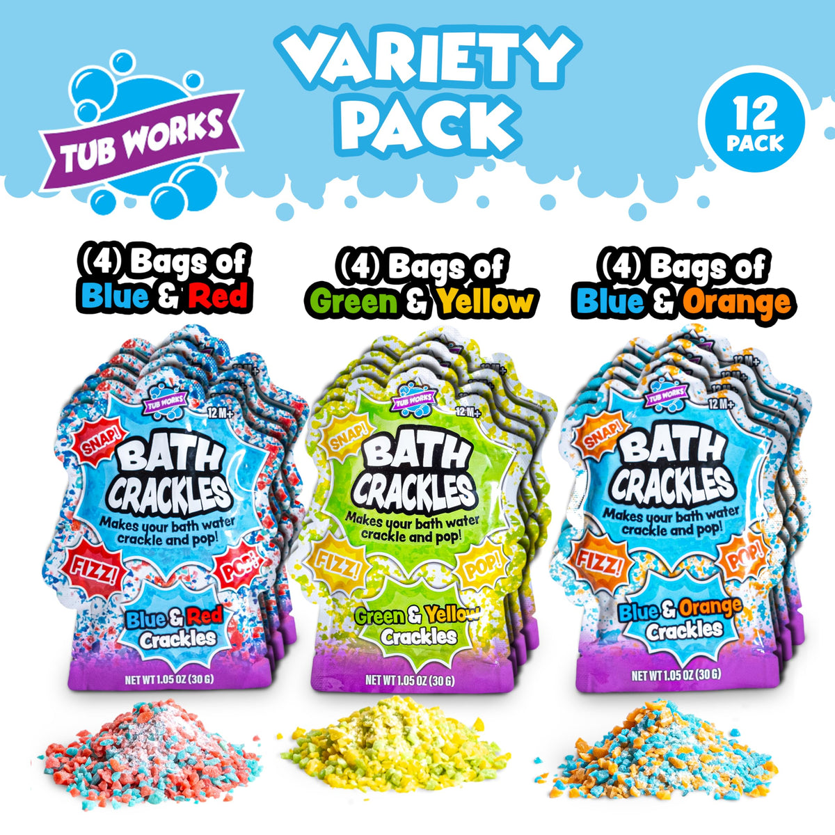 Tub Works Bath Crackles blue-red packs add fizz and pop to bath time.