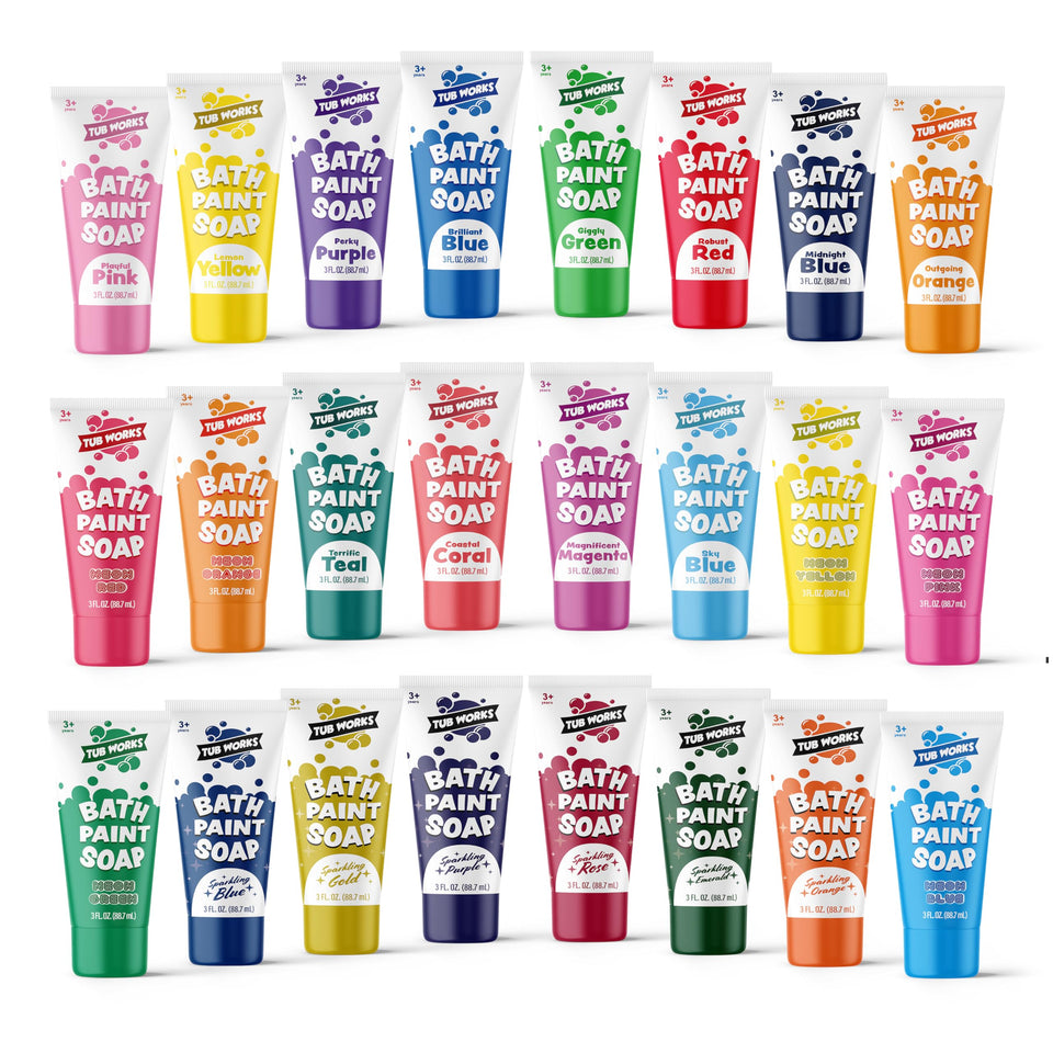 Tub Works bath paint set 24 colors on tub wall for creative play.