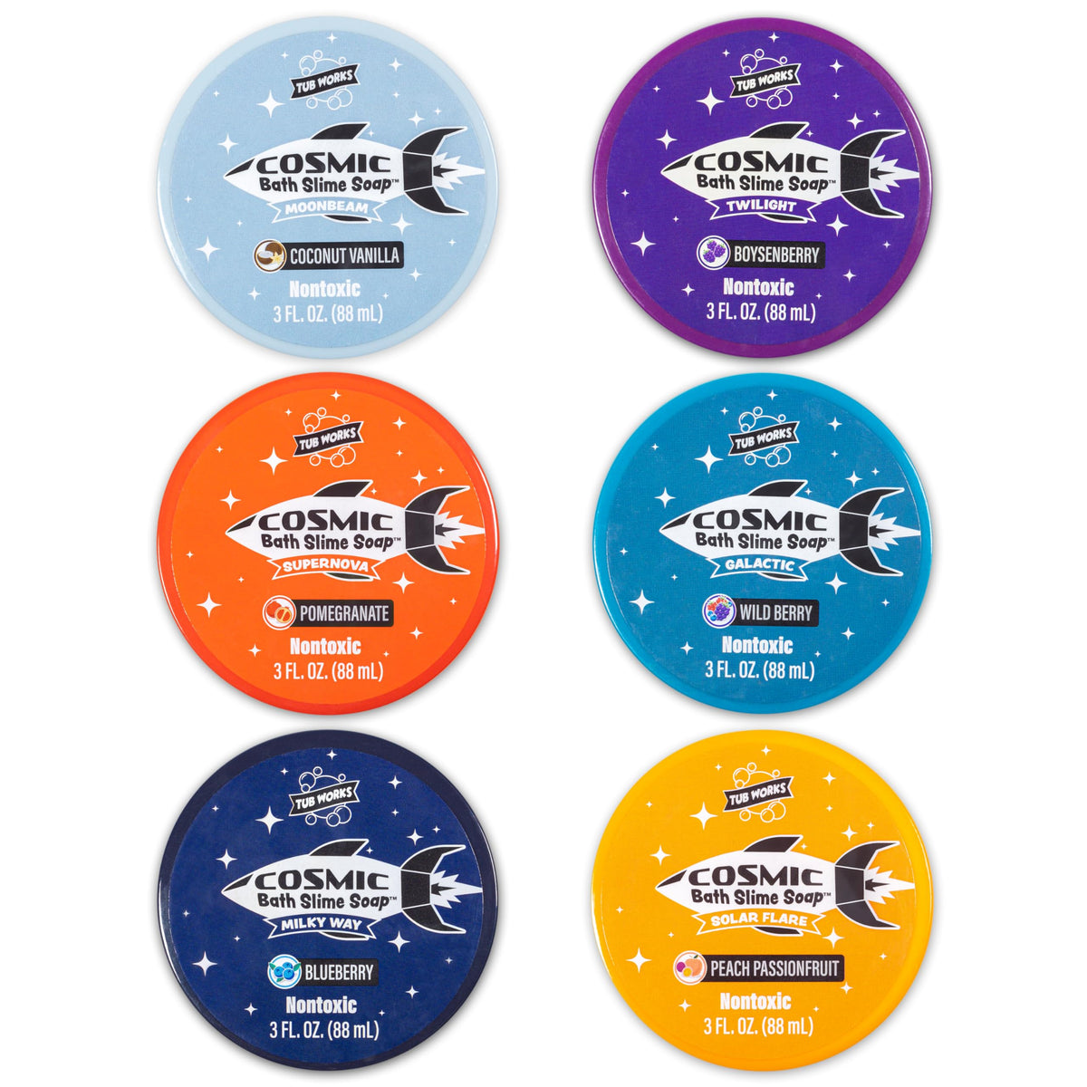 Tub Works Cosmic Bath Slime Twilight Boysenberry jar supports versatile bath play and cleanup