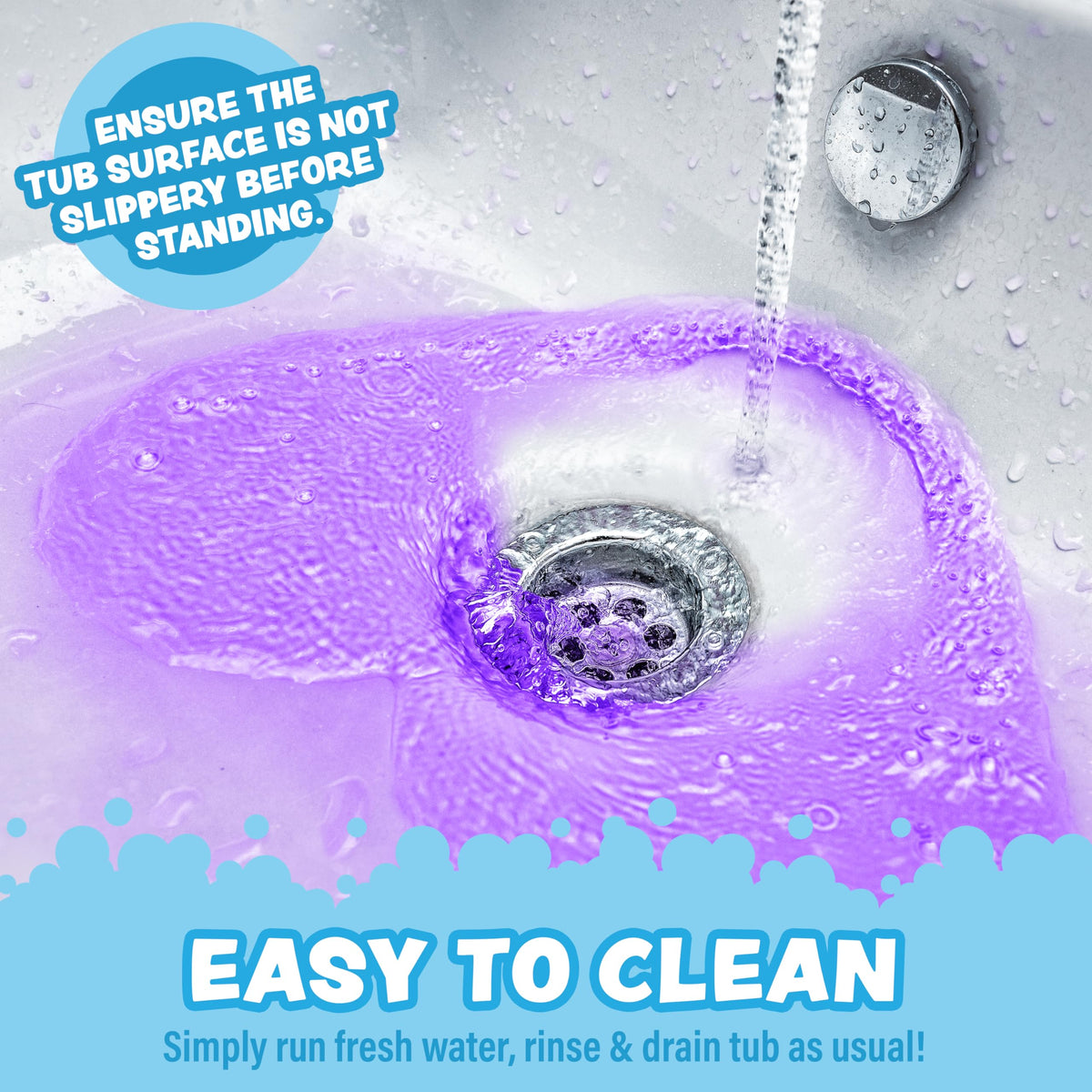 Easy-to-use Tub Works bombs drop in and color water quickly.