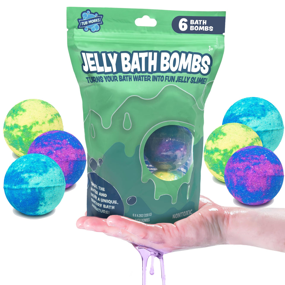 Tub Works Jelly Bath Slime Bombs six-pack on display for colorful bath time fun.