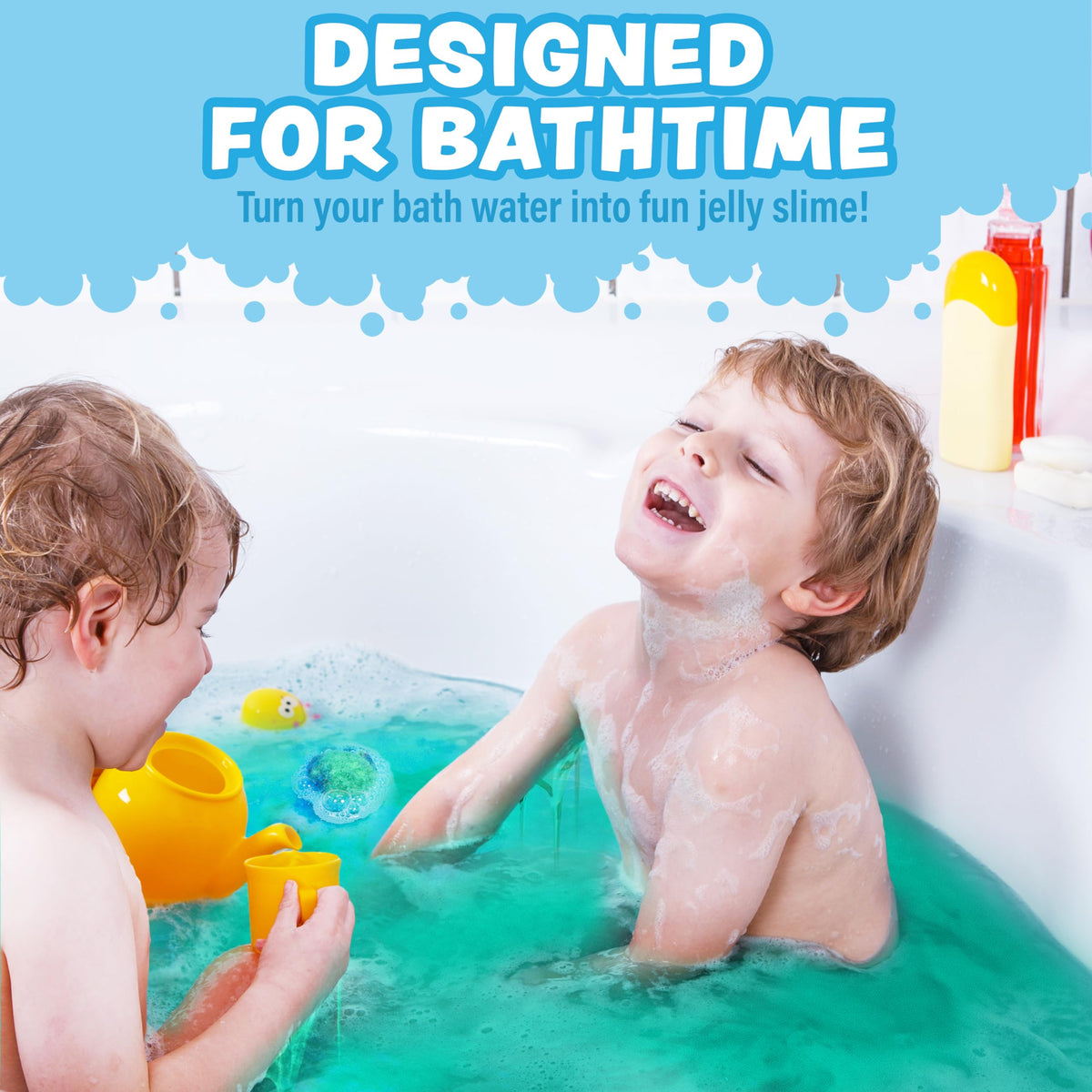 Tub Works Jelly Bath Slime Bombs create vibrant color in bath time.