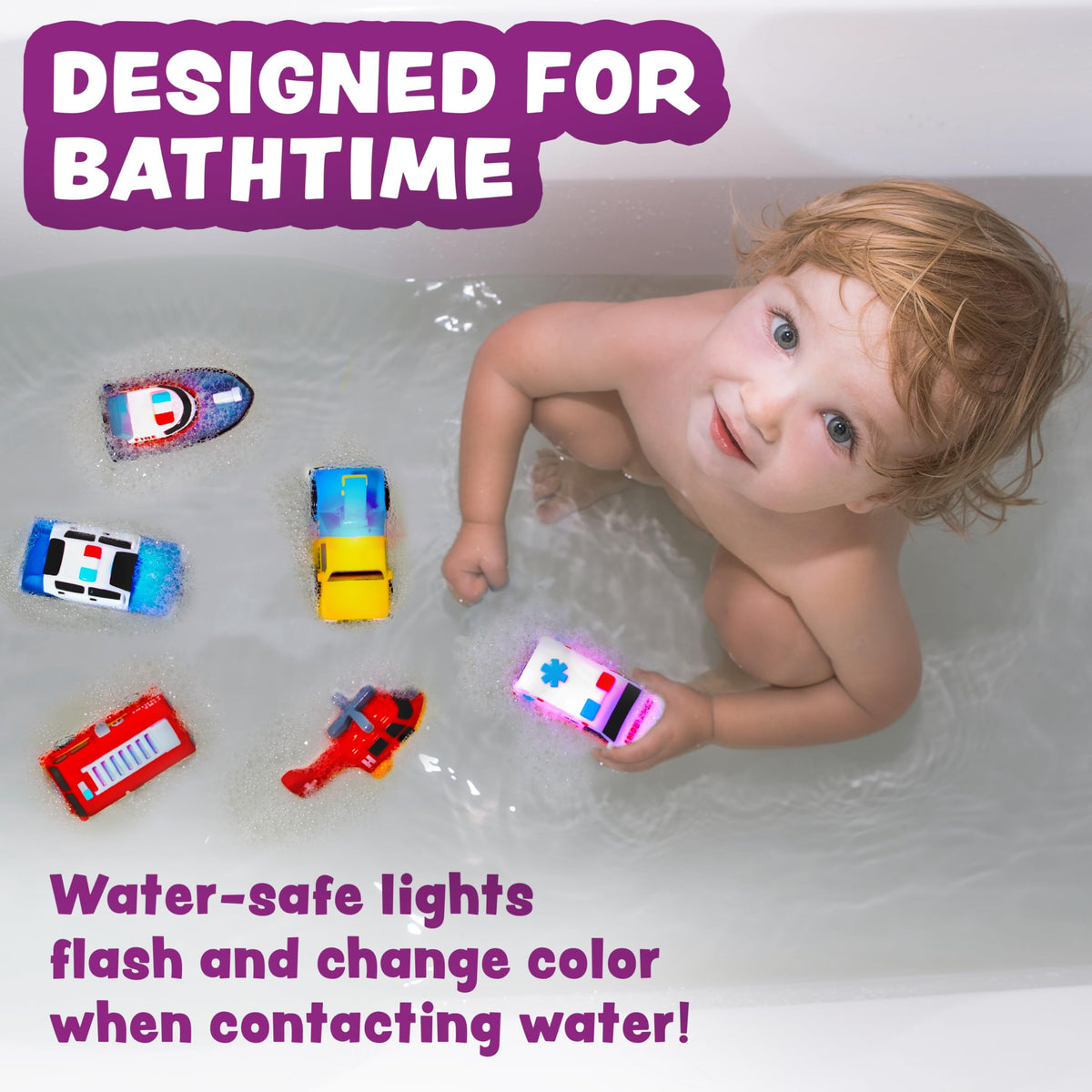 Tub Works Police Car light-up bath toy sparks colors in water for sensory play