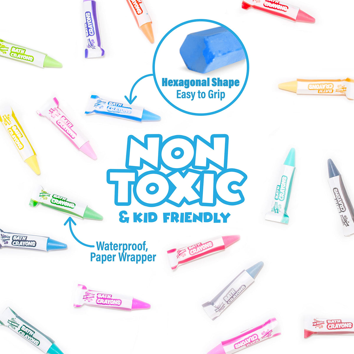 Crayons float and resist disintegration for mess-free tub play.