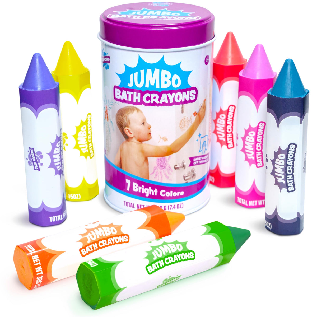 Tub Works Smooth Jumbo Bath Crayons pack in metal tin for easy storage and vivid tub drawings.