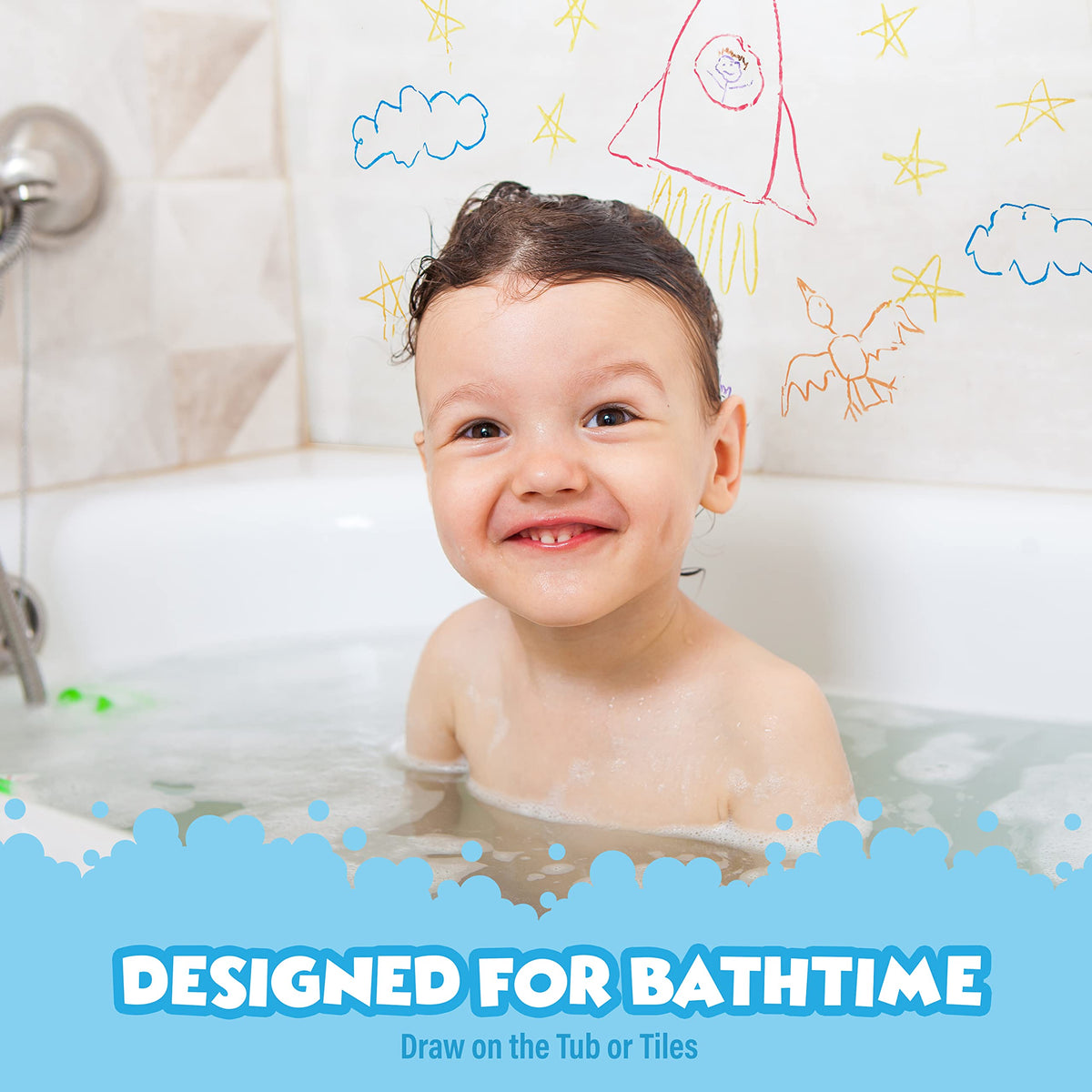 Tub Works Smooth Jumbo Bath Crayons in hand show chunky grip ideal for little fingers.