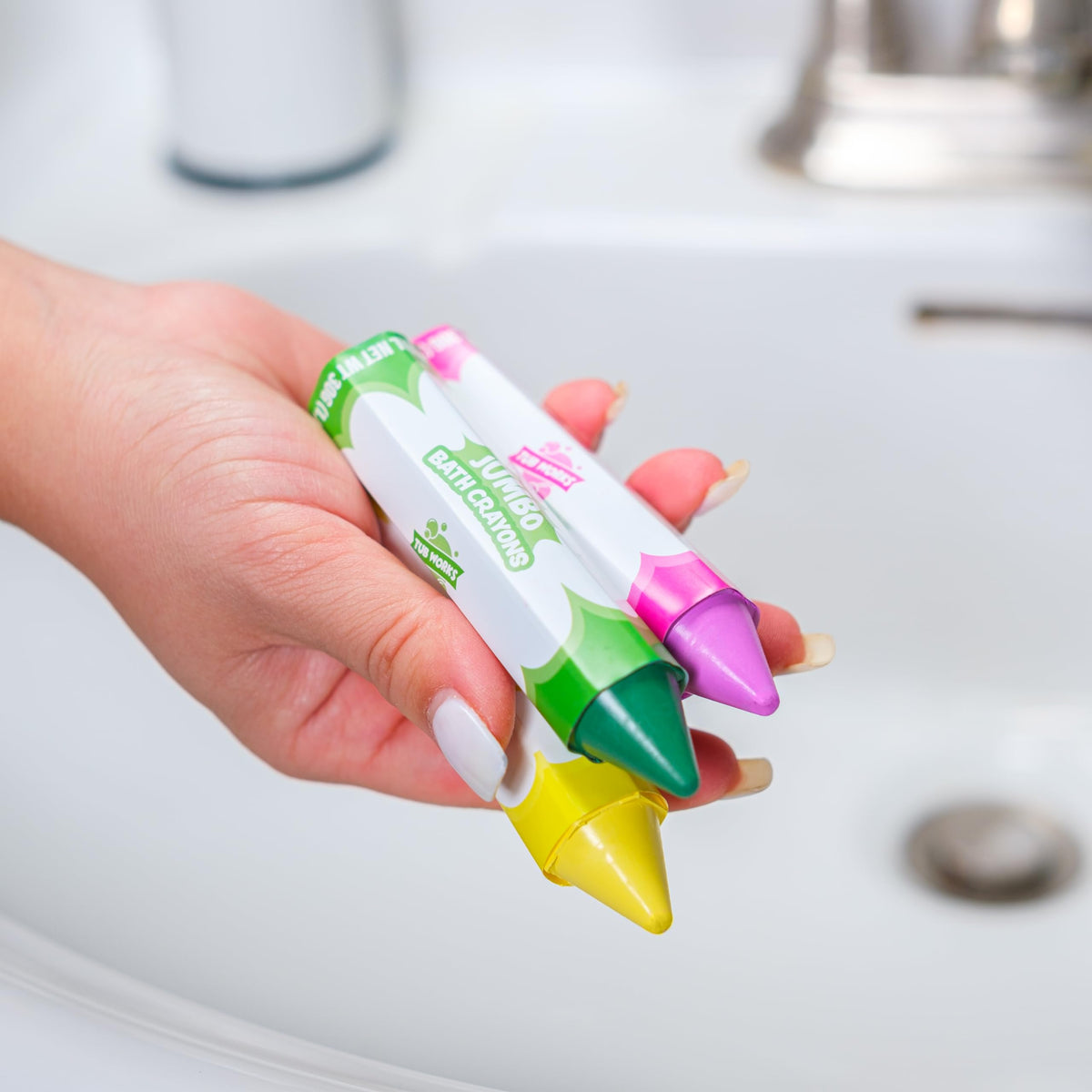 Tub Works Smooth tin with draining holes complements tidy bath toy setups.