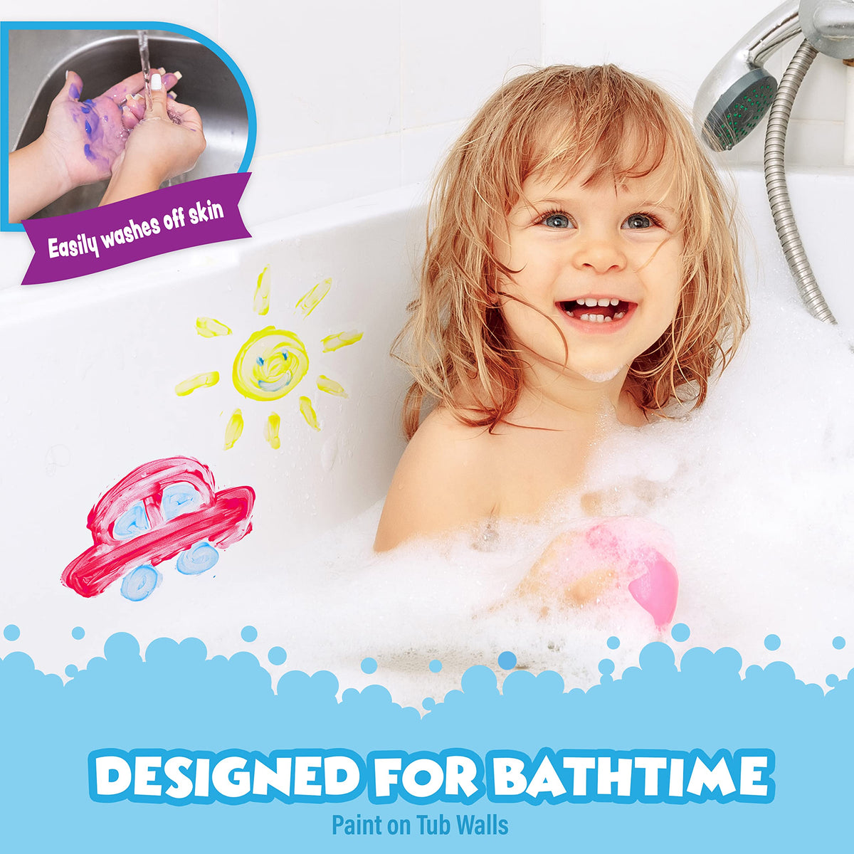 Tub Works tub wall art bath paint supports imaginative finger painting.