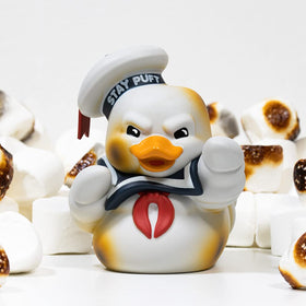 TUBBZ Stay Puft cosplaying duck for a collectible display on a shelf.