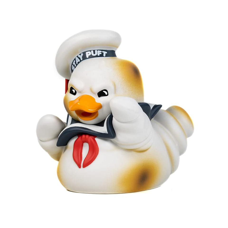 TUBBZ Stay Puft burnt duck displayed in Ghostbusters case, ideal for shelf display.