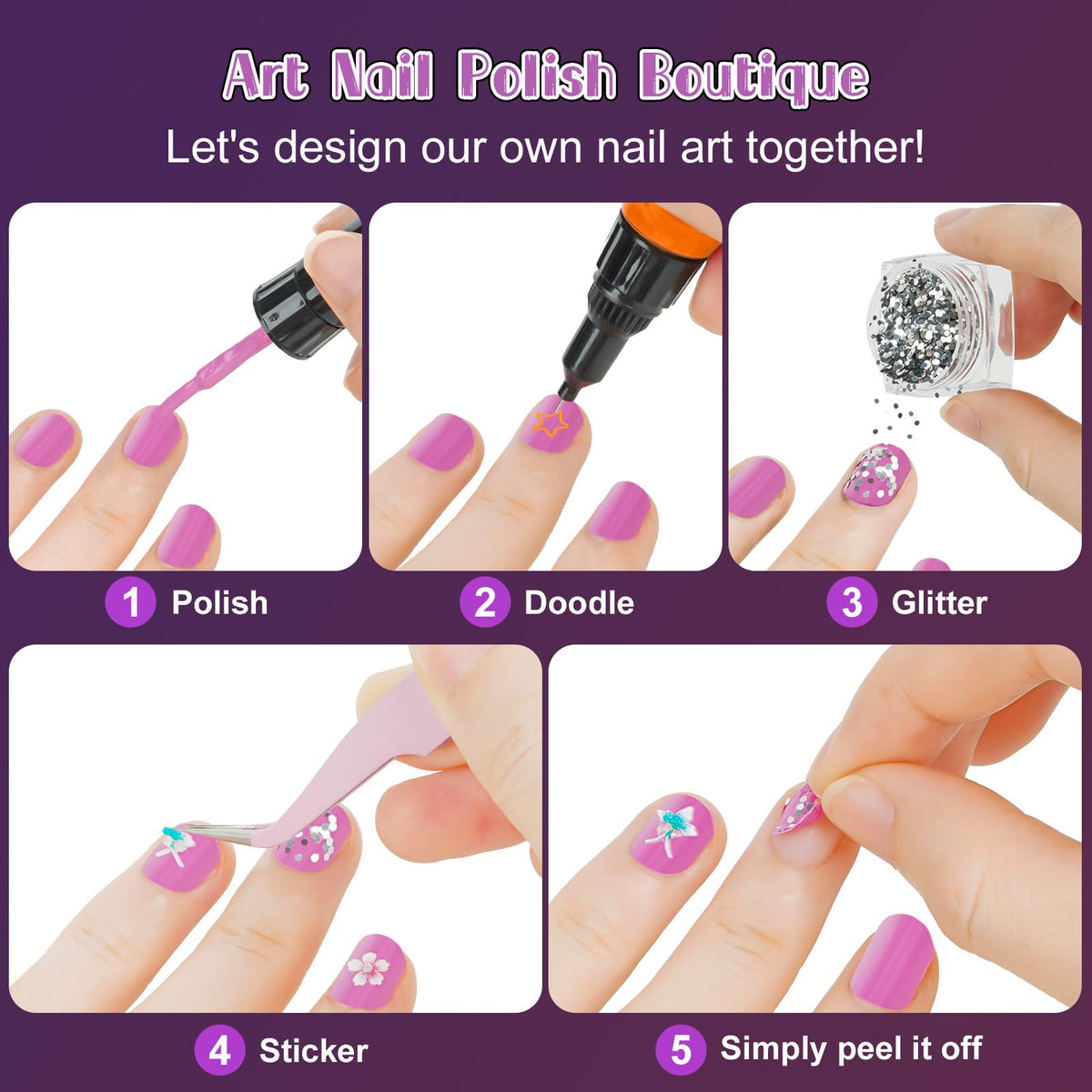 Tudaymol nail art tools include tweezers and file for neat finishes.