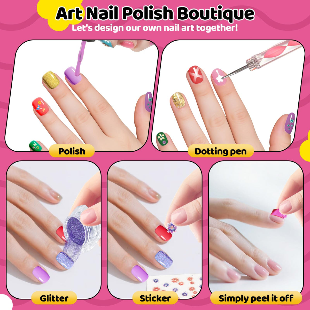 Tudaymol Quick dry, water-washable polish – mess-free cleanup after play.