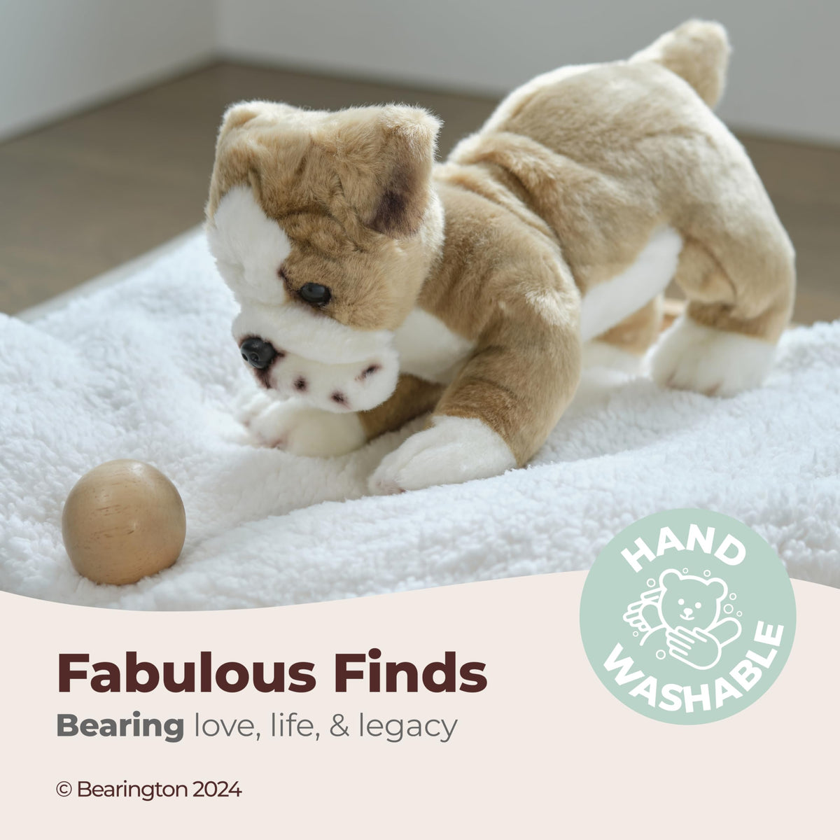 Tug English Bulldog plush playtime scene highlights durable craftsmanship.