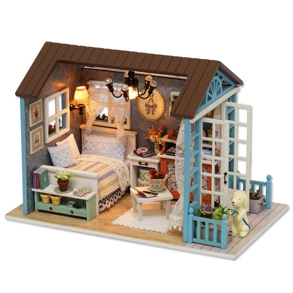 TuKIIE DIY miniature dollhouse front view shows Forest Times style and decorative appeal.