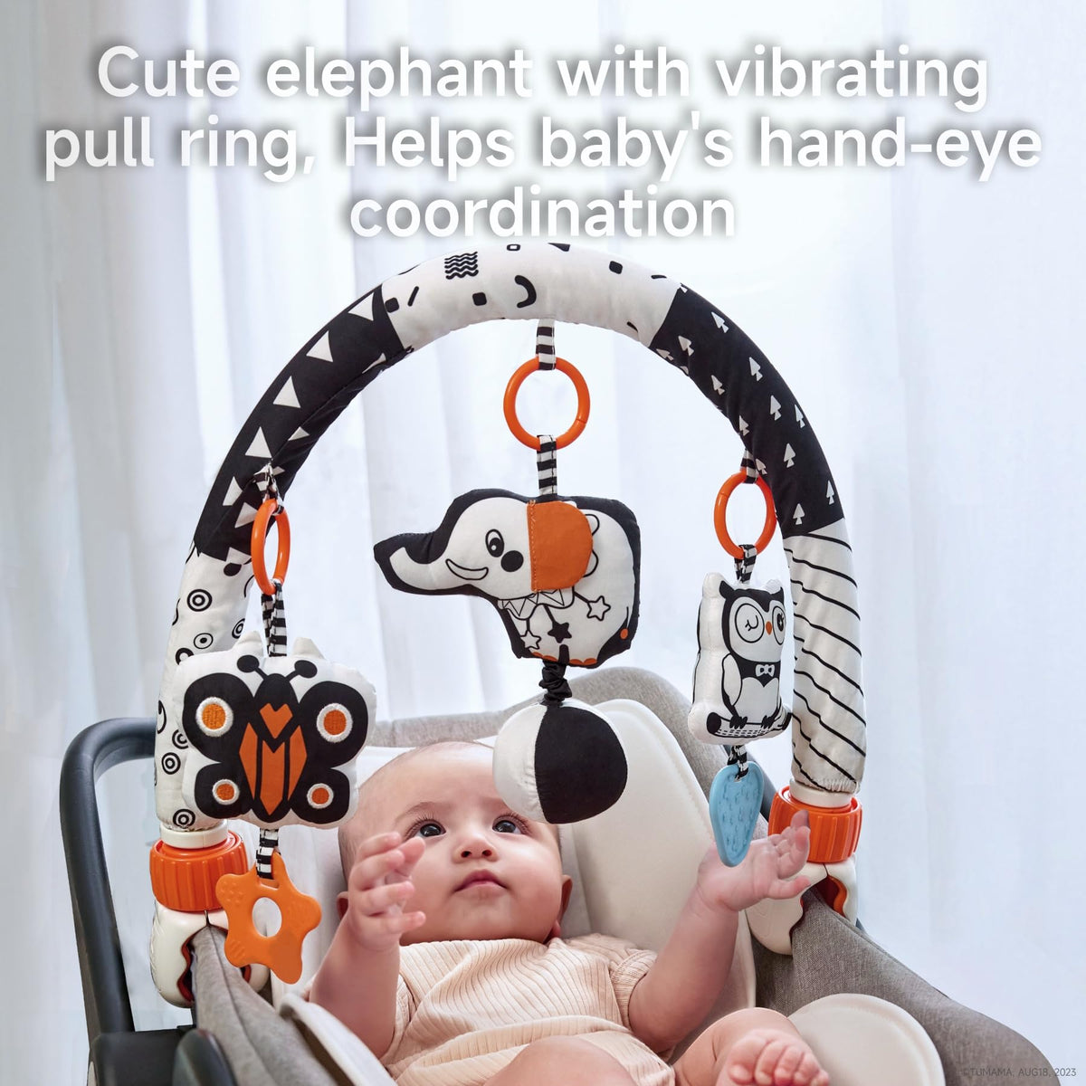 Tumama adjustable clip-arch width fits most prams and seats for versatile setup.