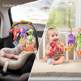 Soft teether attached to car seat toy for safe chewing