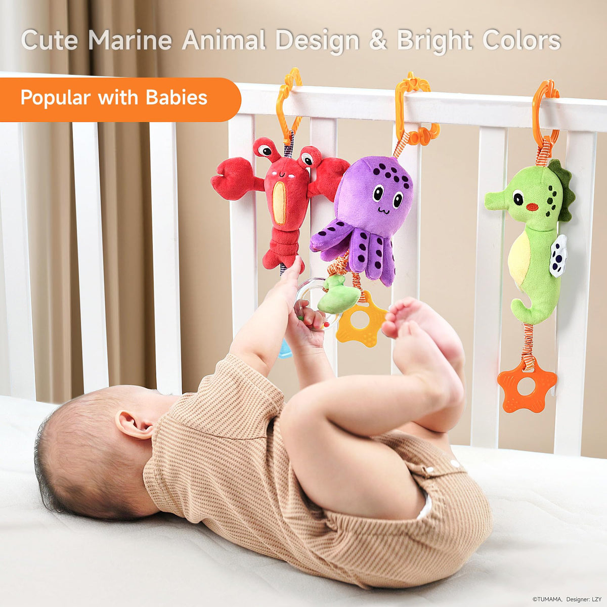 Lobster hanging toy with clip for stroller play and visual focus