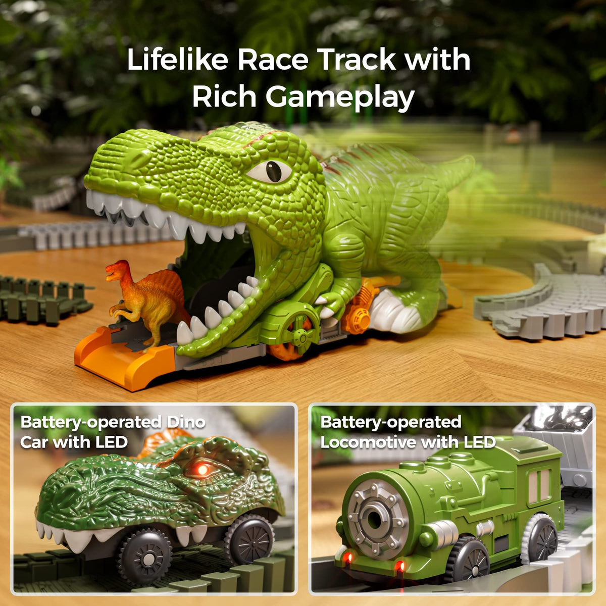 TUMAMA KIDS dinosaur track electric cars with lights spark nighttime play.