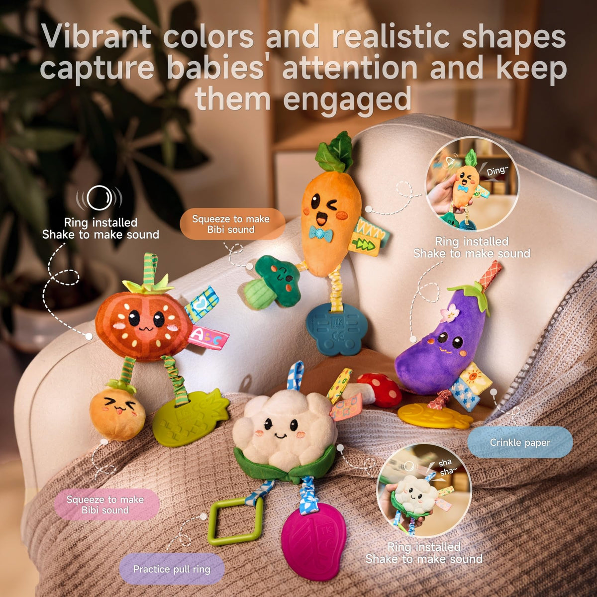 TUMAMA KIDS eggplant plush with clip-ready design for strollers.