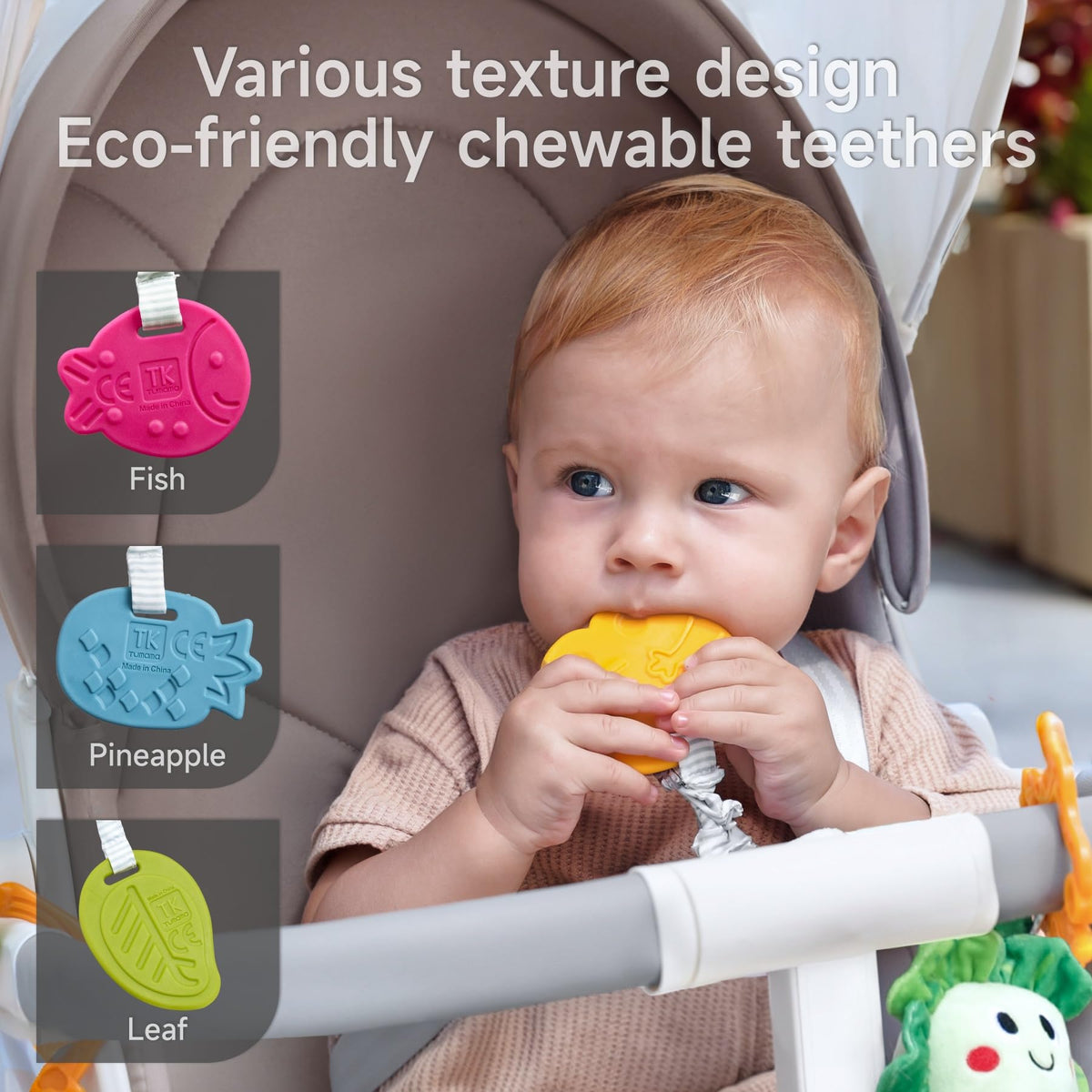 TUMAMA Kids stroller toy potted cabbage supports cognitive interest through varied textures and visuals.
