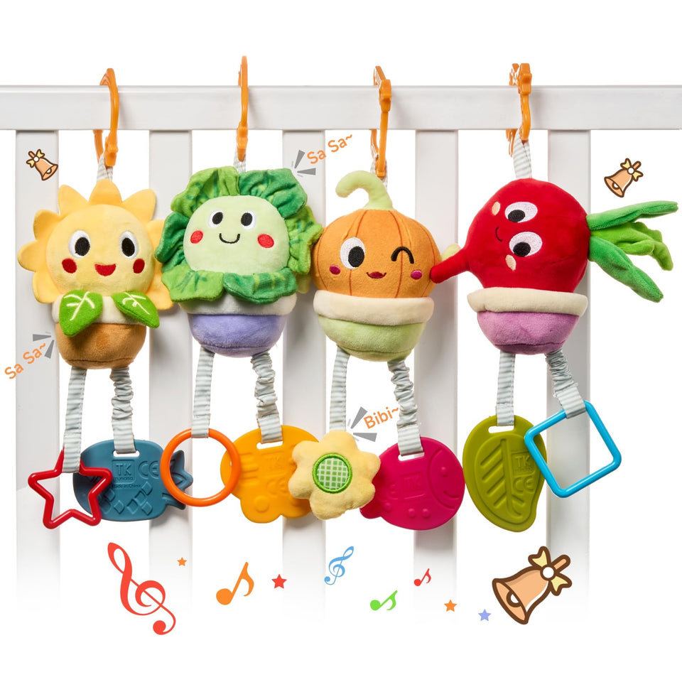 TUMAMA Kids stroller toy with pumpkin pot stimulates visual focus and tactile exploration.