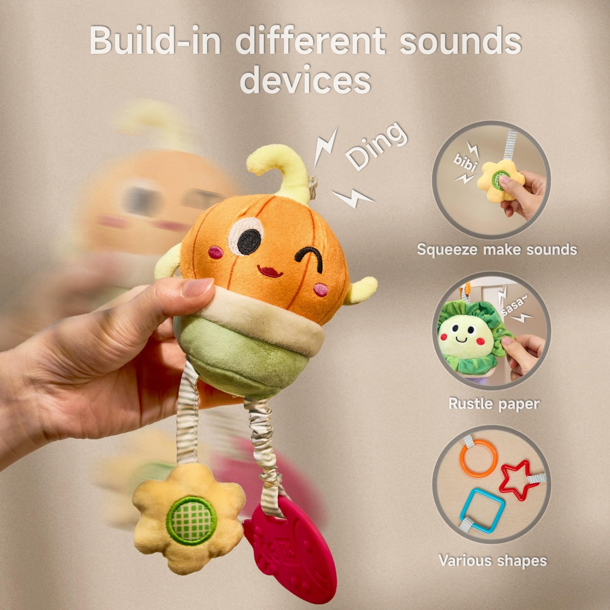 TUMAMA Kids stroller toy potted sunflower encourages attention with bright colors and gentle sounds.