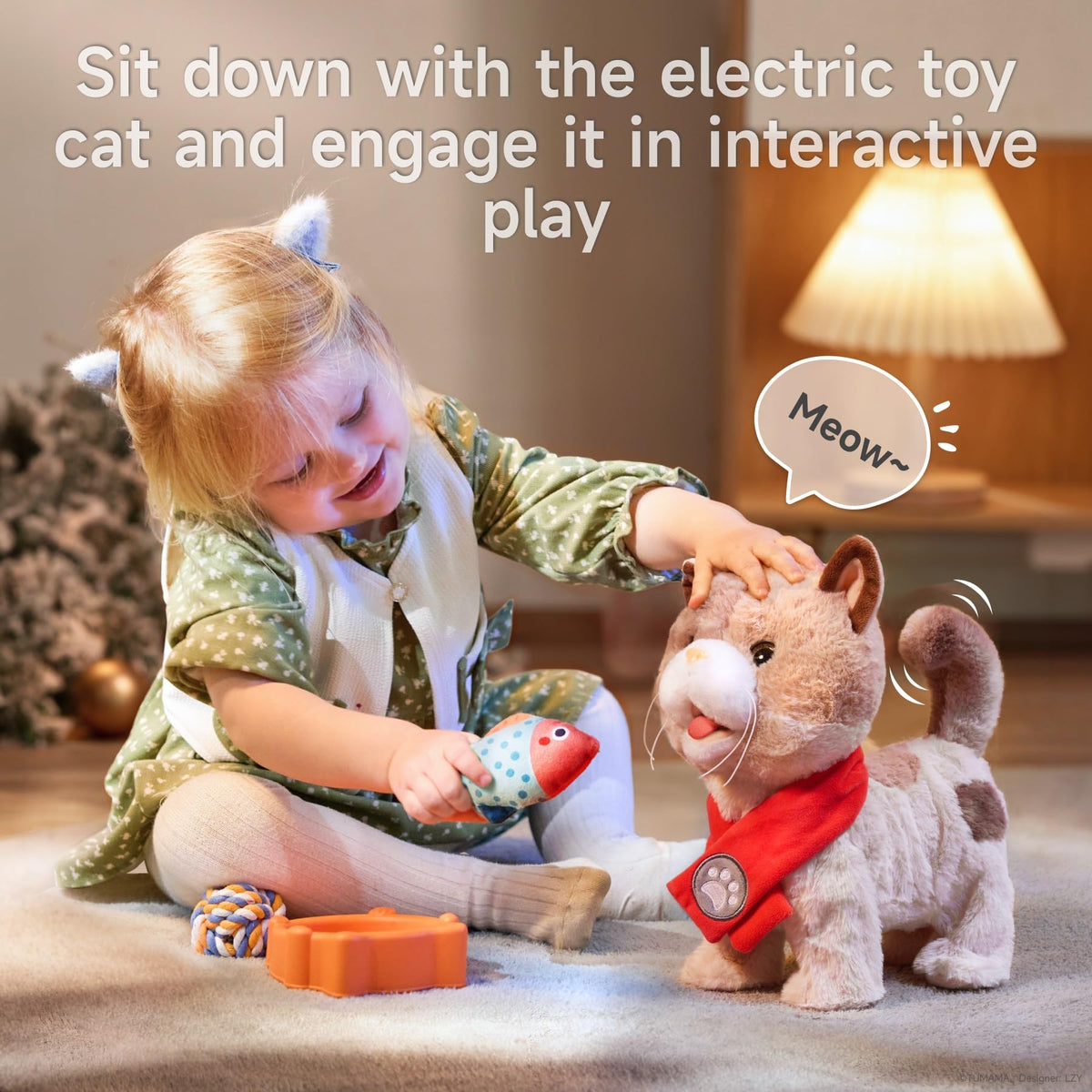 TUMAMA remote-control play setup enables easy guiding of walking cat.