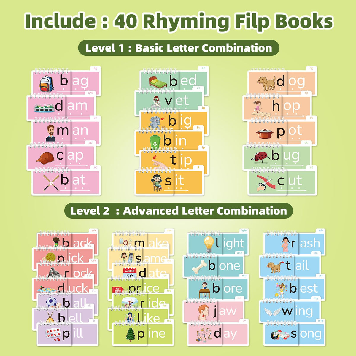 TUNJEJINY word family flip book pages showing paired words and images for recognition.