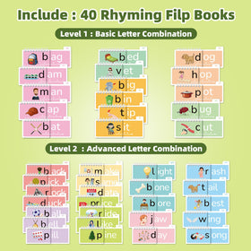 TUNJEJINY word family flip book pages showing paired words and images for recognition.